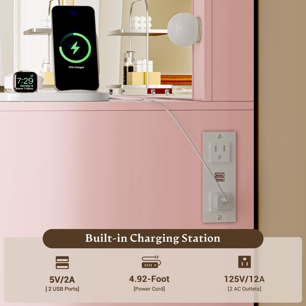Makeup Vanity Desk with Mirror, Fluted Panel, Large LED Mirror, 3 Lighting Modes & Adjustable Brightness, Charging Station, Dressing Table with Stool