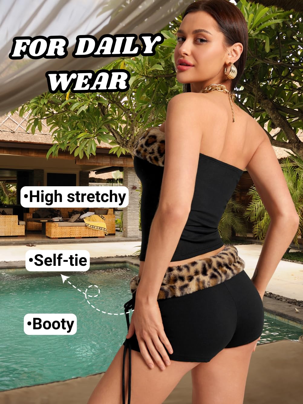 Sexy 2000s 2 Piece Leopard Club Outfits, Ruched Tube Strapless Crop Top, Low Rise Booty Shorts