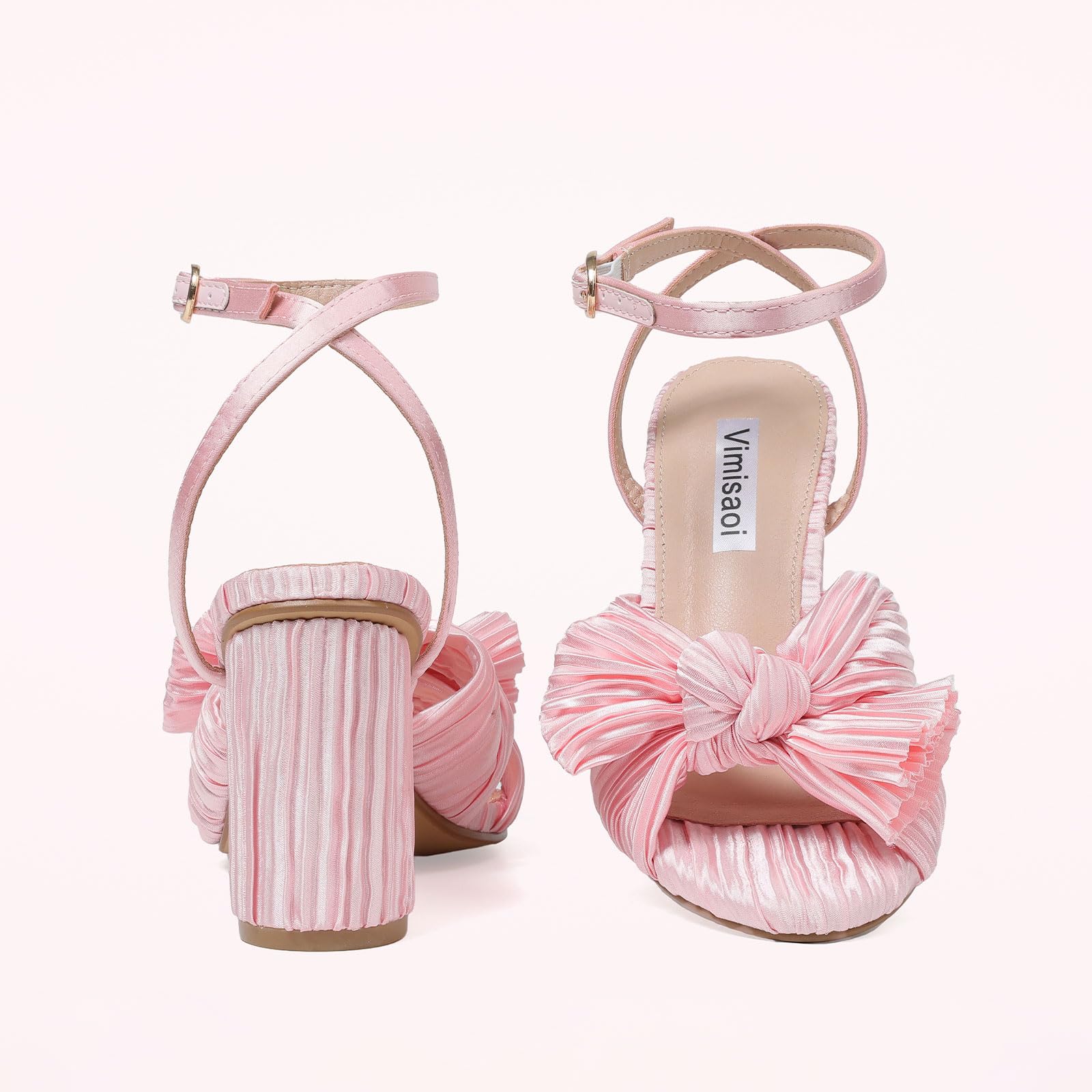 Women's High Block Chunky Heel Sandals Fashion Open Toe Ankle Buckle Strap Pleated Bow Heel