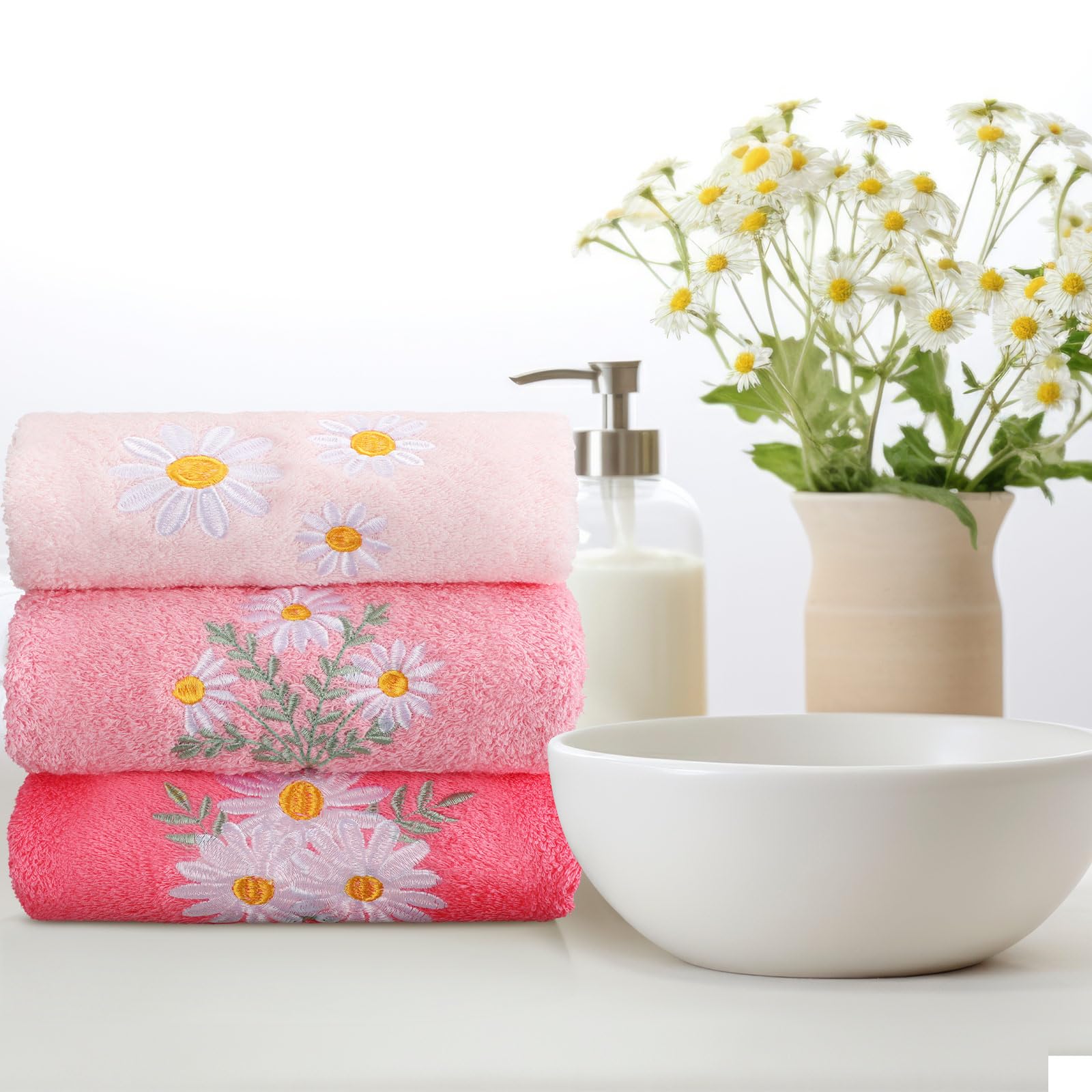Rose Floral Hand Towels Farmhouse Pink Rose Bathroom Decor 14x29 Inch Embroidered Decorative Cute Summer Flowers Hand Towels Cotton Soft Absorbent Towels for Bathroom Kitchen