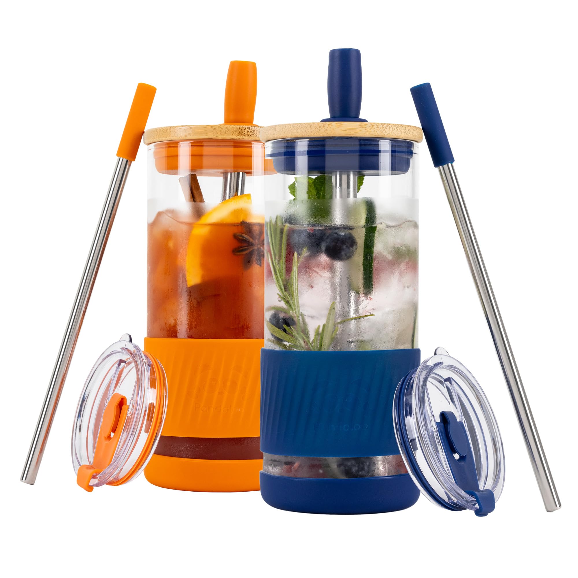 Pandaloo® Glass Cups With Lids and Straws -20 Fl Oz- Perfect Size Iced Coffee Cup - Smoothie Cup With Bamboo Lid and On the go Lid - Glass Tumbler With Straw