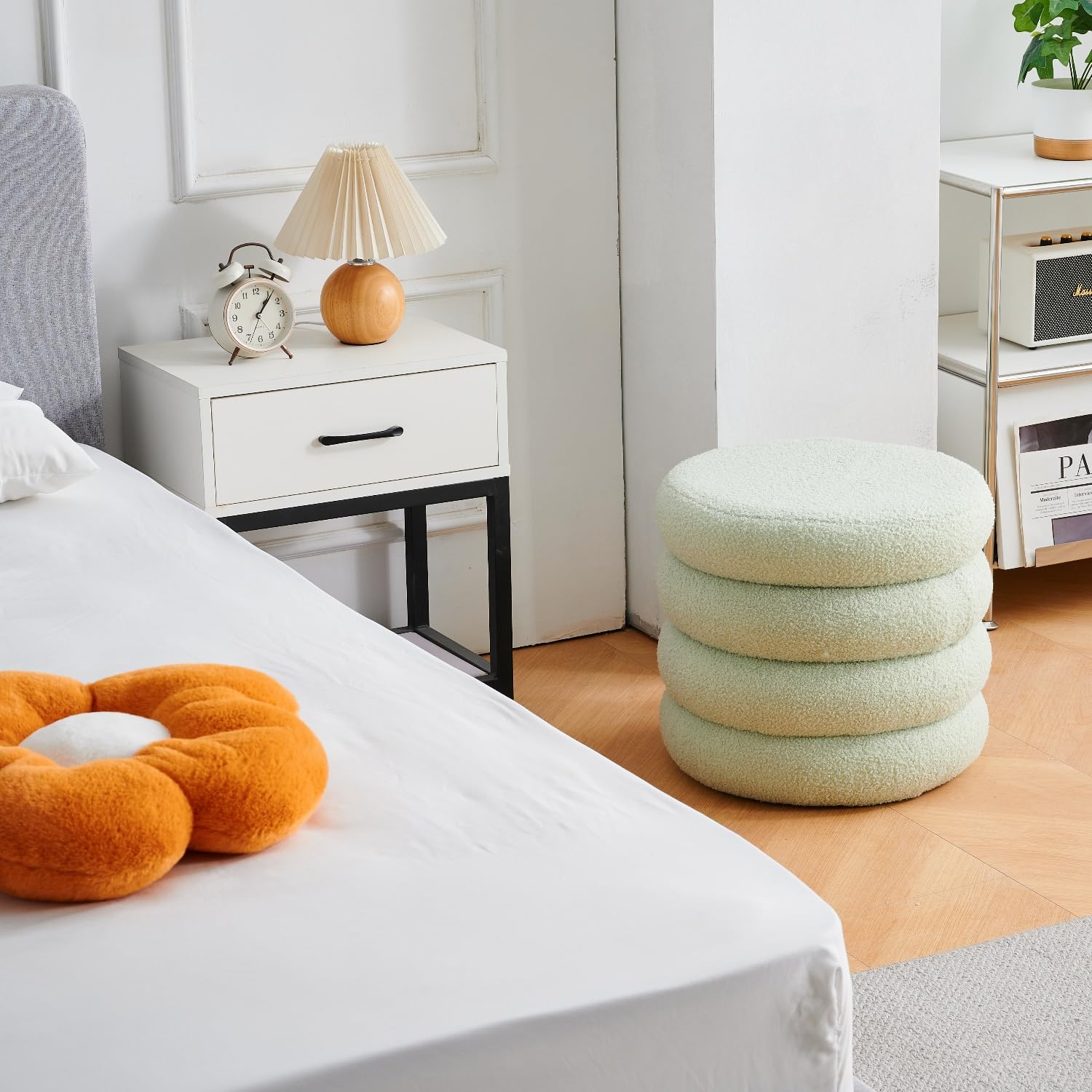 Round Storage Ottoman, Modern Sherpa Footstool with Flip-Top