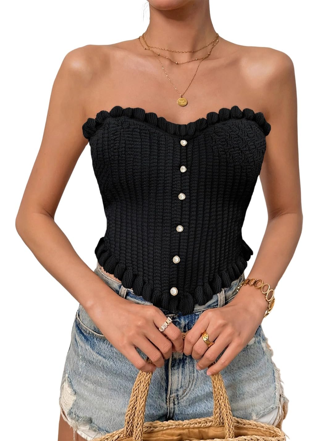Women's Pearl Strapless Tops Summer Asymmetrical Tube Tops