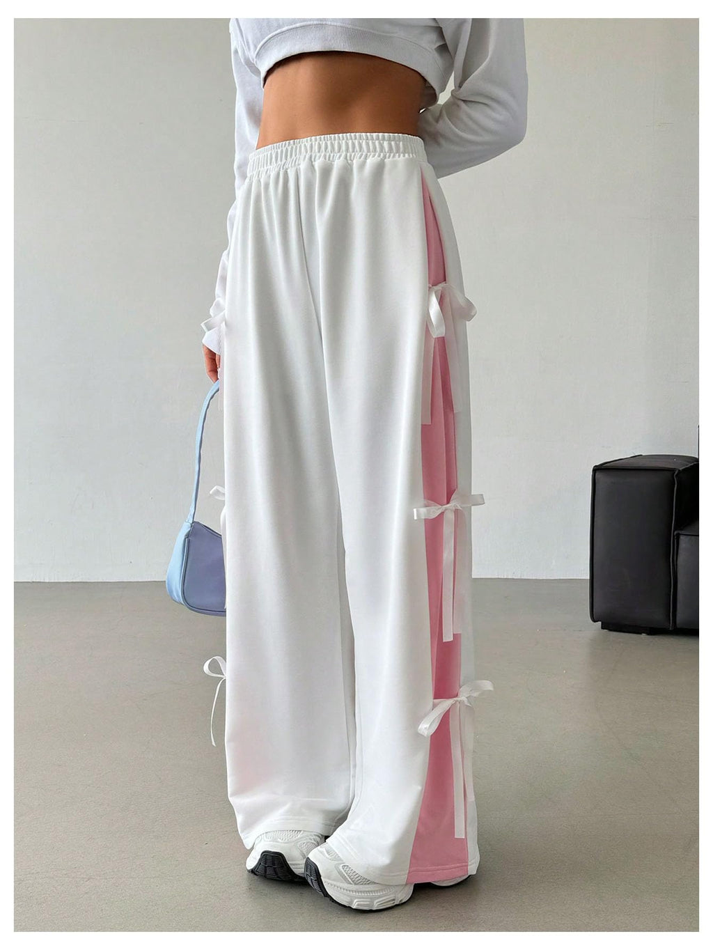 Women's Bow Wide Leg Sweatpants Elastic Waist Casual Baggy Pants with Pocket