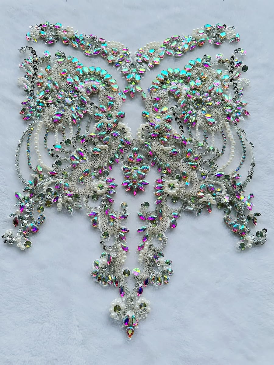 Handmade red/Blue/Gold/Green Rhinestones lace Bodice Applique Sewing Beads Crystal Trim Patches Accessory for Dress Clothes (Rose red)