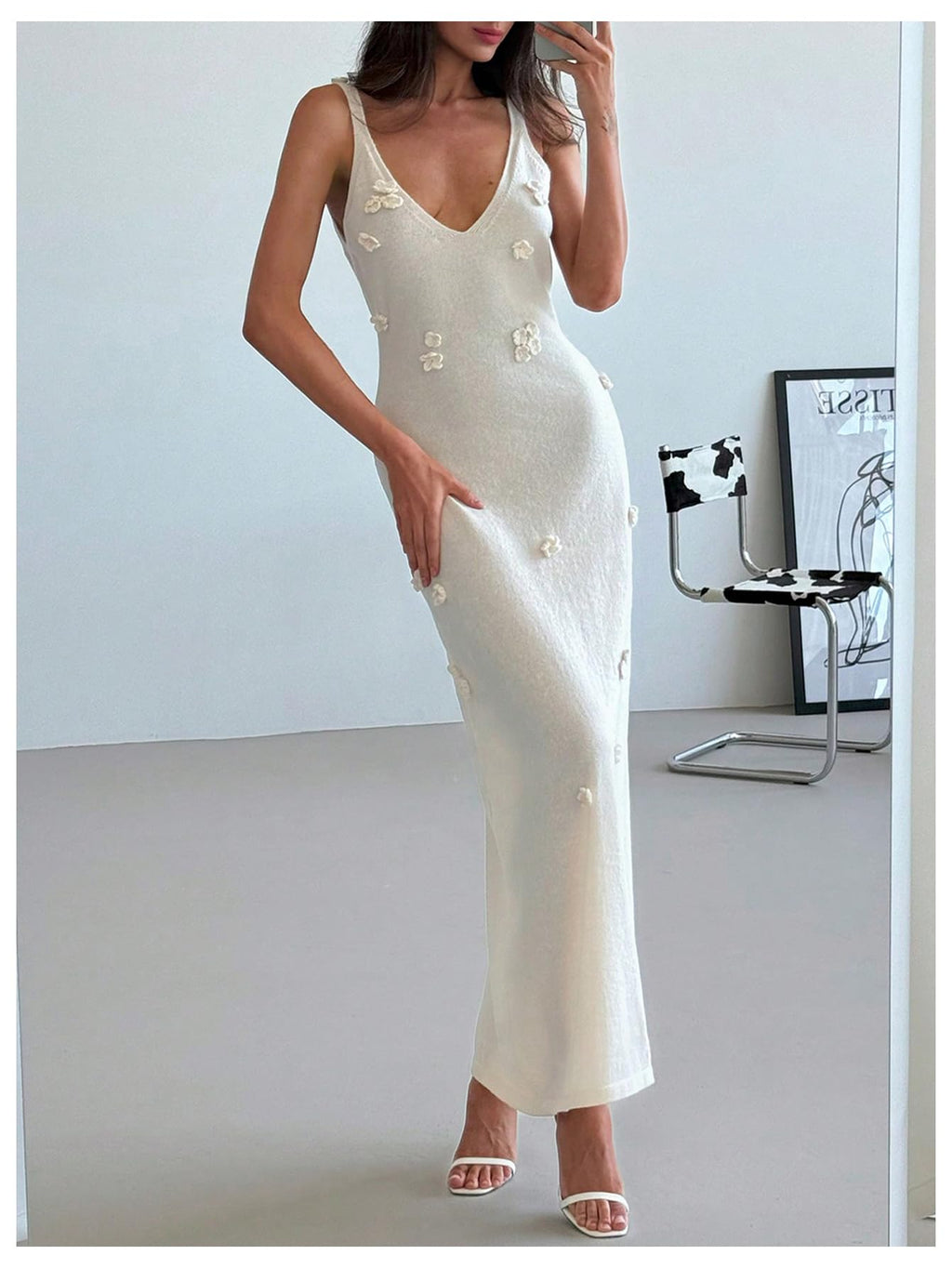 Women's Maxi Floral Appliques V Neck Sleeveless Summer Bodycon Dresses