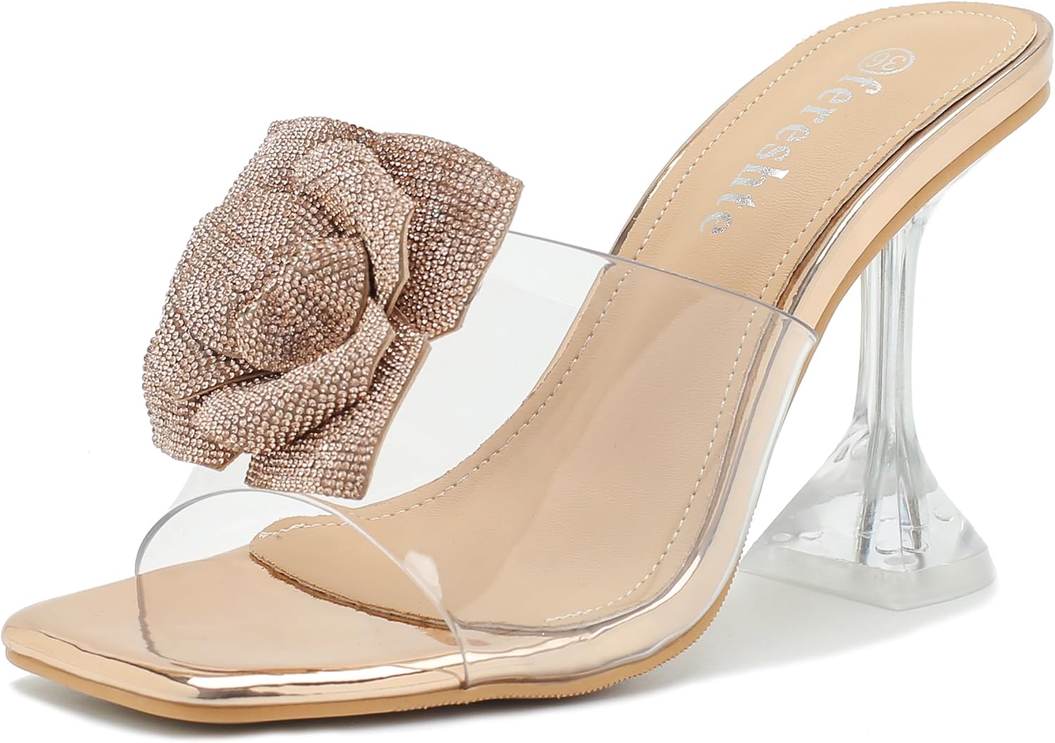 Women's Crystal Flower Heels Square Toe Heeled Sandals