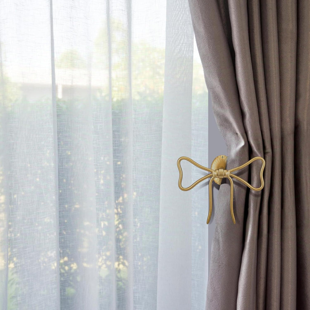 Curtain 2 Pcs Bow Holdbacks Gold Metal Curtain Tiebacks Wall Mounted Bow Wall Hooks Pull Back Hooks Decoration