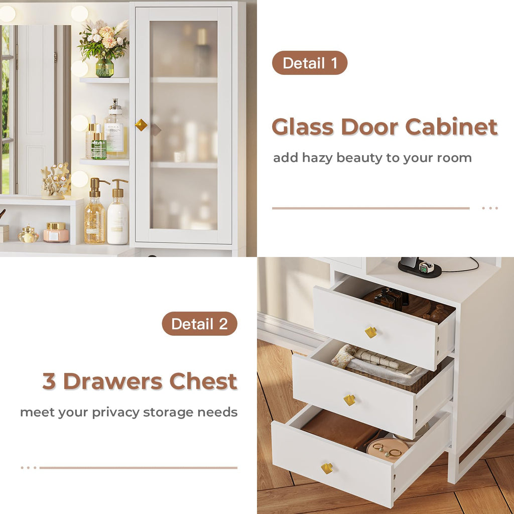 Vanity Desk with Mirror and Lights & Charging Station, White Vanity Table with 5 Storage Drawer & Glass Door & 3 Shelves