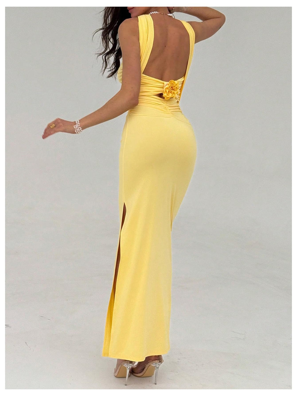 Women's Backless Halter Dress Sexy 3D Floral Ruched Split Thigh Maxi Dresses