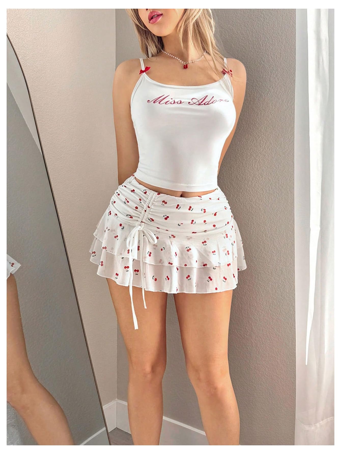 Women's Mesh Cherry Mini Skirt Drawstring Ruched Ruffle Hem Layered Y2k Skirts