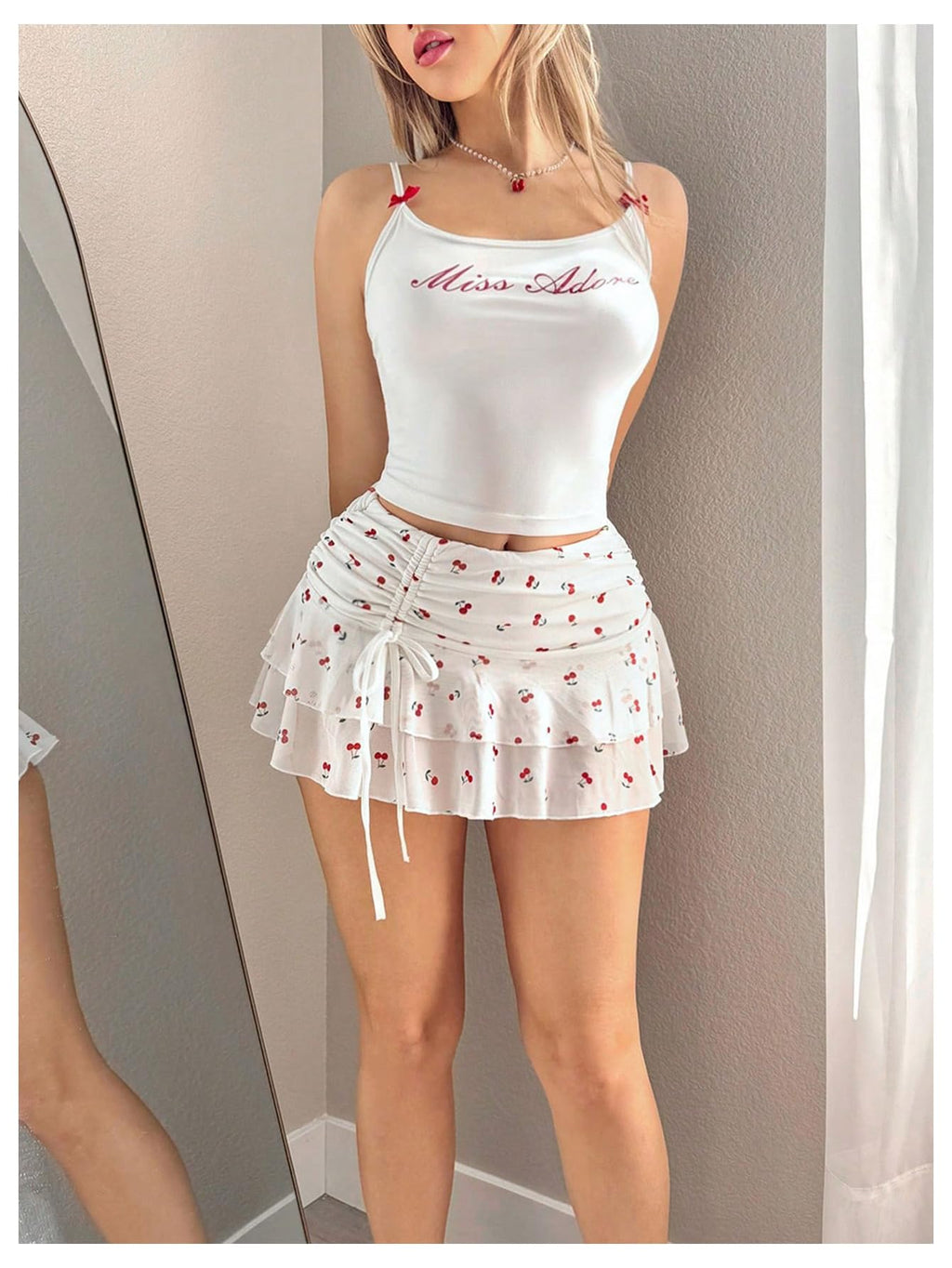 Women's Mesh Cherry Mini Skirt Drawstring Ruched Ruffle Hem Layered Y2k Skirts