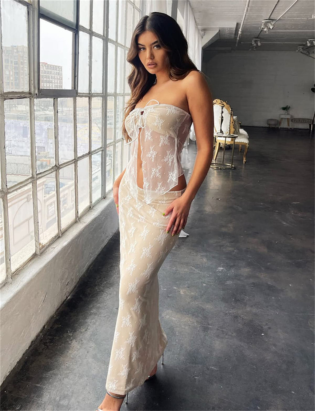 Women Sexy Y2K Maxi Skirt Set Strapless Bodycon Lace Tube Top See Through 2 Piece Outfits Summer Party Wear Dress