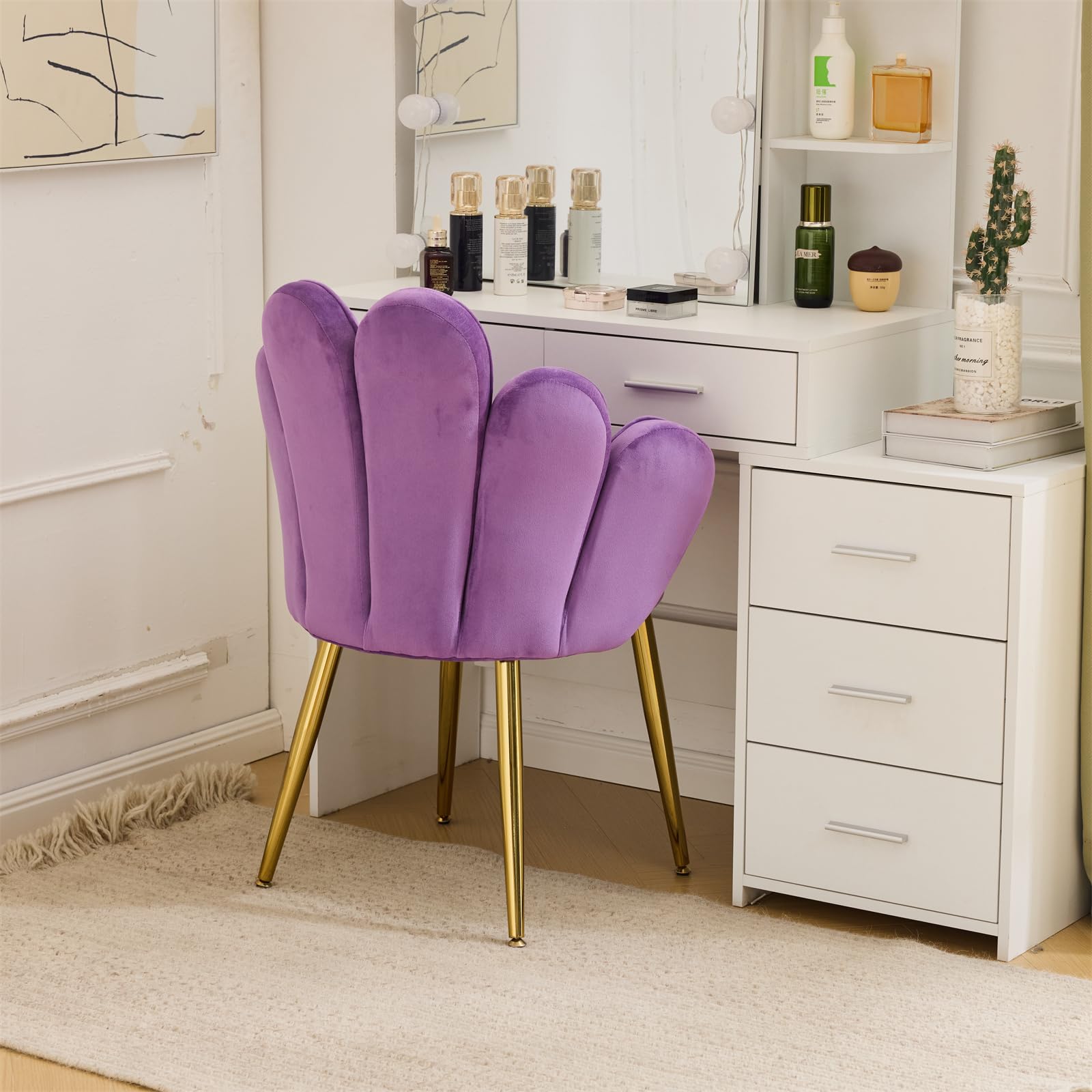 Cute, non-wheeled desk chair with backrest, fluffy cushion, cozy makeup chair with adjustable golden legs