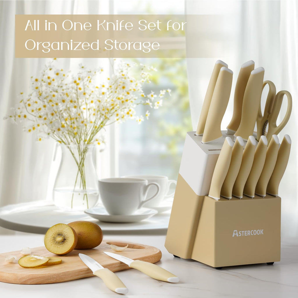 Colorful Kitchen Knives Set with Block and Sharpener Ceramic Coating 15 Pcs German Stainless Steel Knives Sharp Blade Dishwasher Safe Knife Block Set with Ergonomic Handle