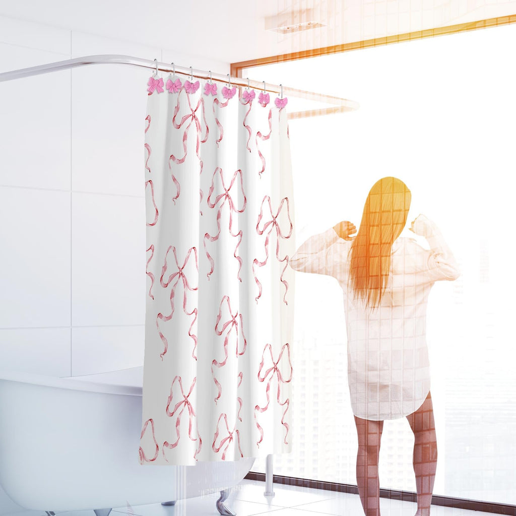 Pink Bow Shower Curtain Set, 72" W x 72" H Cute Coquette Shower Curtain with 12 Pink Bow Tie Bath Hooks