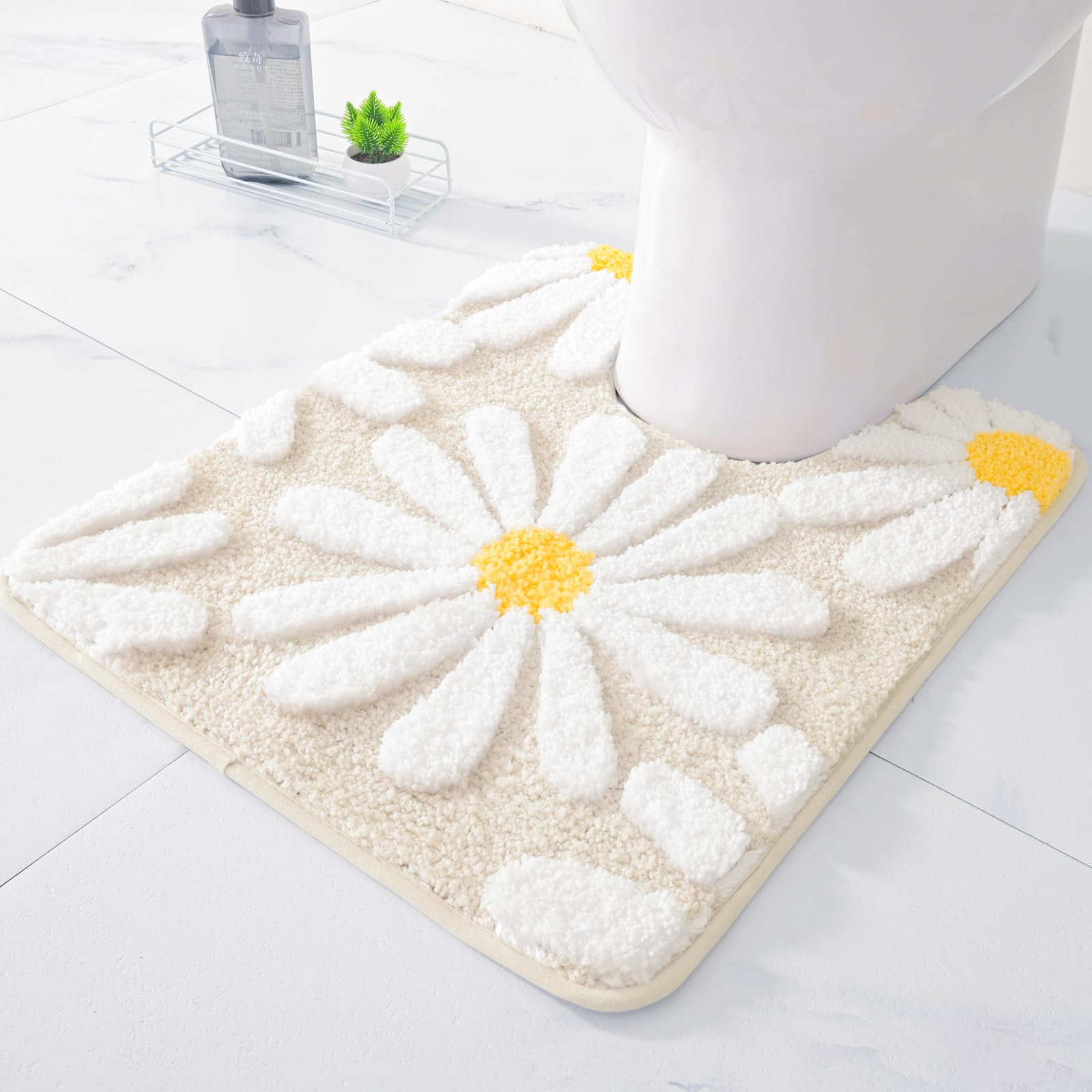 U Shaped Toilet Mat Cute Daisy Contour Bath Rug 20"x20", Extra Thick Soft Machine Washable Toilet Carpet, Non Slip Bathroom Floor Mats Super Absorbent Microfiber Bath Rugs