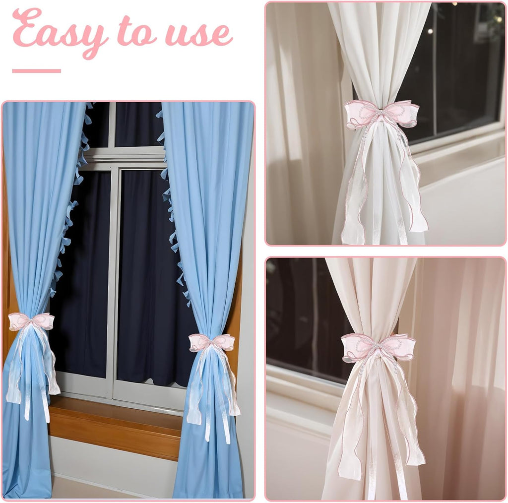 Sweet Pink Bow Curtain Holdbacks Buckles Ribbon Curtain Ties for with Pearls Home Decoration