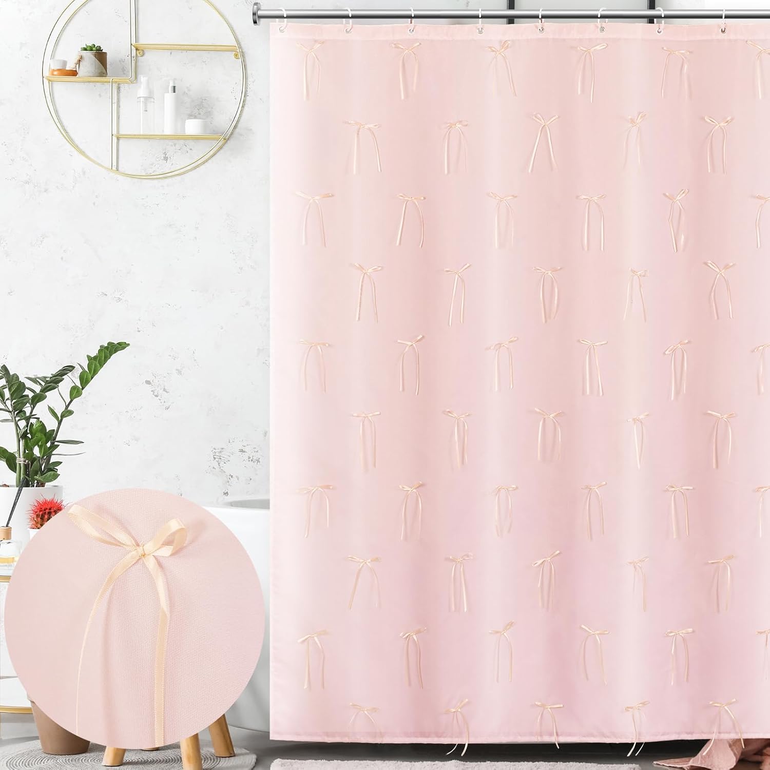 Coquette Pink Bow Shower Curtain Shower Curtain with 12 Buttonholes Bathroom Modern Aesthetic Cloth Shower Curtain Set, 72" W x 72" H