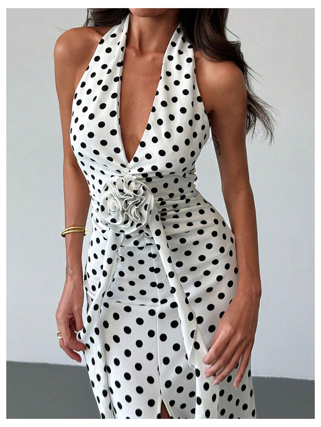 Women's Polka Dots Halter Dress High Split Deep V Neck Backless Bodycon Maxi 3D Flower Dresses