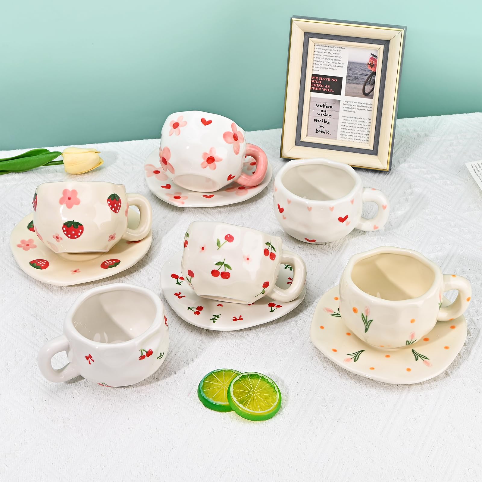 Ceramic Coffee Mug with Saucer Set, Cute Creative Cup Unique Irregular Design, 10 oz/300 ml