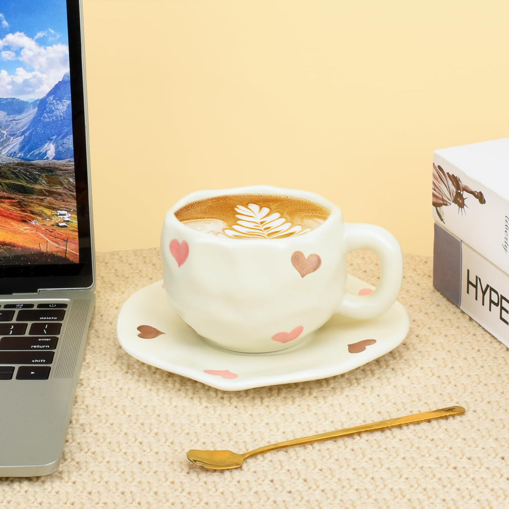 Ceramic Coffee Mug with Saucer Set, Cute Creative Cup Unique Irregular Design, 10 oz/300 ml