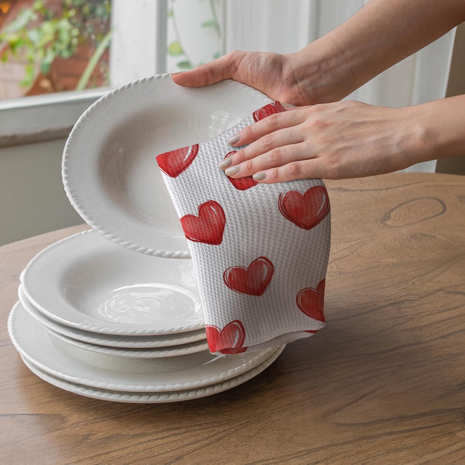 Heart Kitchen Towels 16X24In, Watercolor Red Heart Dish Towels for Decor