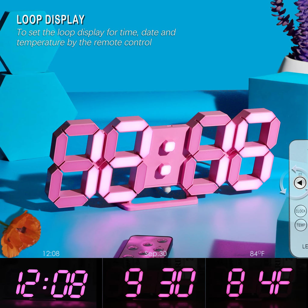 LED 3D Wall Clock 9.7" Clock with Remote/Dimming/12/24H/Temp/Alarm Clock/Date