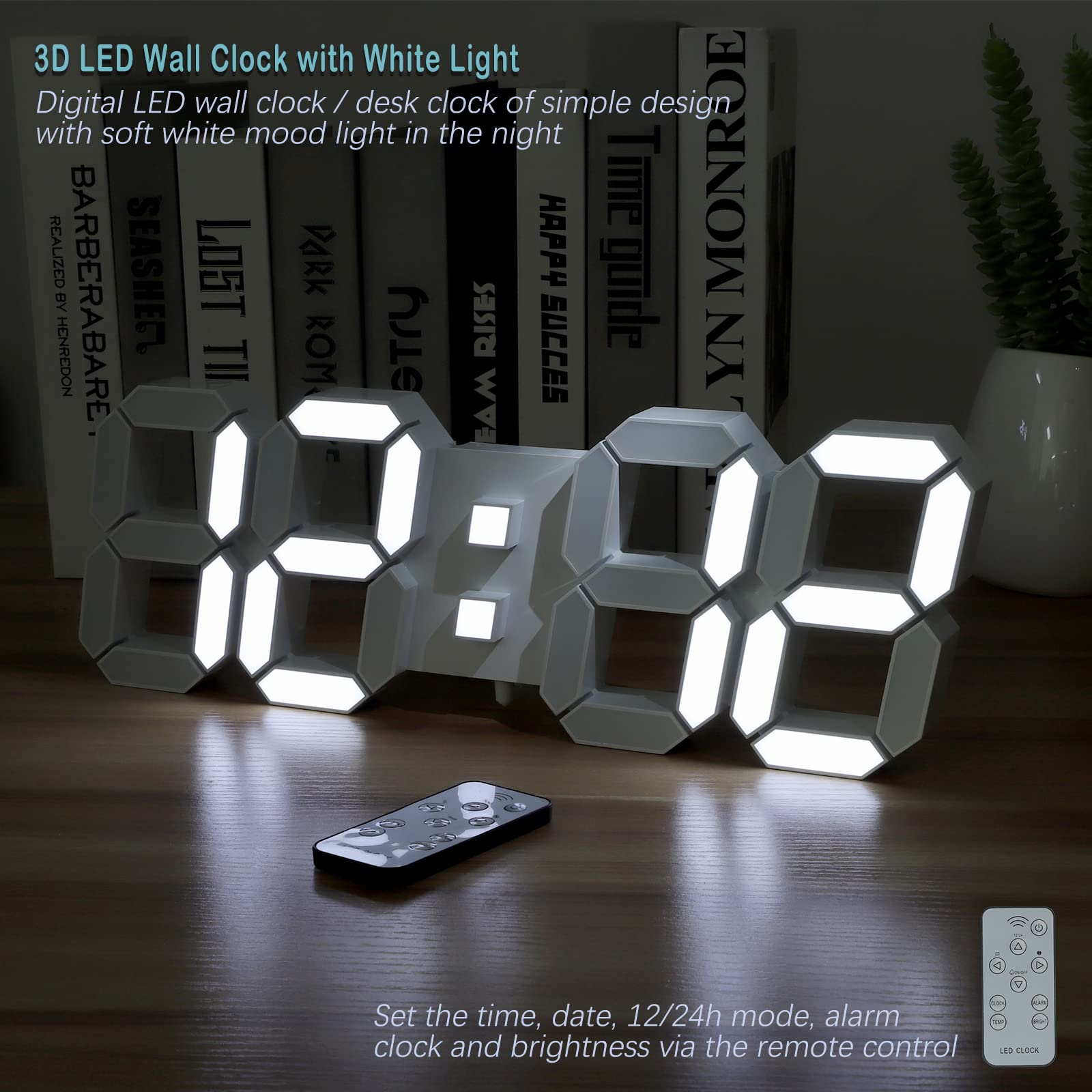 LED 3D Wall Clock 9.7" Clock with Remote/Dimming/12/24H/Temp/Alarm Clock/Date