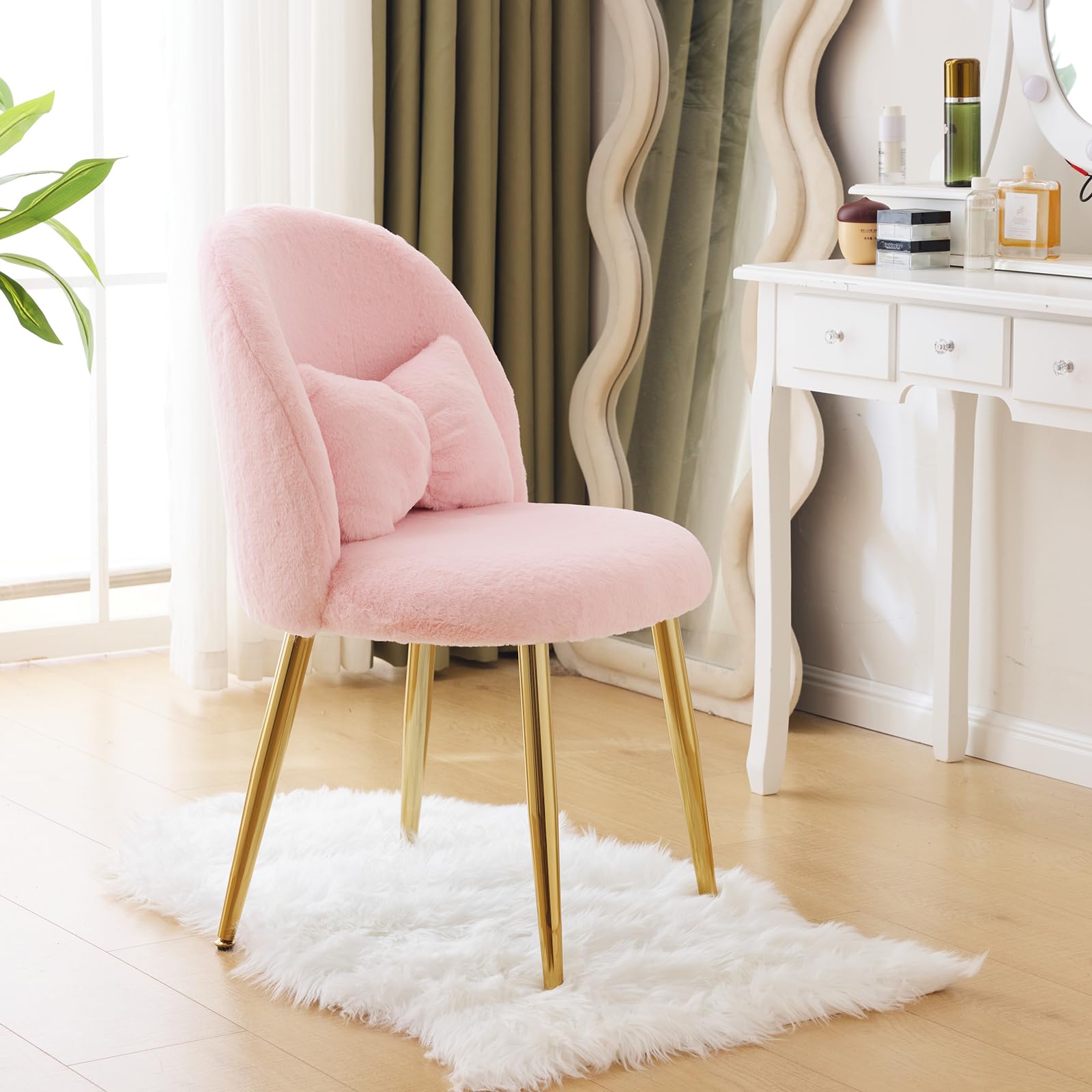 Cute, non-wheeled desk chair with backrest, fluffy cushion, cozy makeup chair with adjustable golden legs