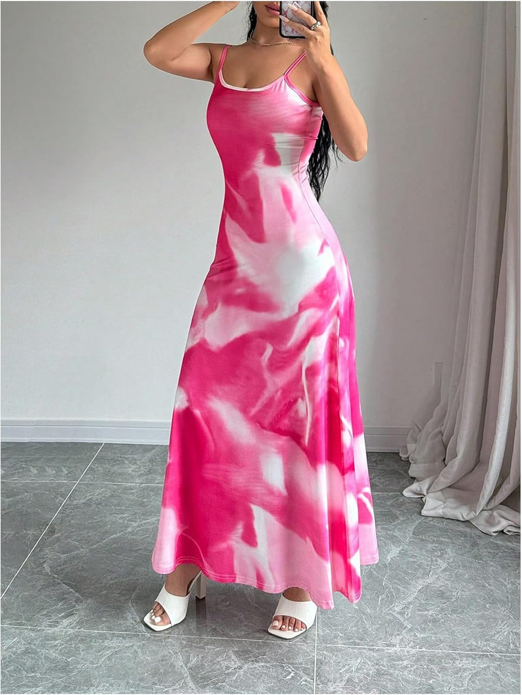 Women's Floral Print Backless Maxi Dress Scoop Neck Sleeveless Spaghetti Strap Dresses
