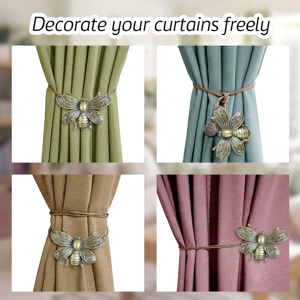 Set of 2 Resin Magnetic Curtain Tiebacks Golden Flying Bee Curtain Holders, Decorative Curtain Ties for Drapes