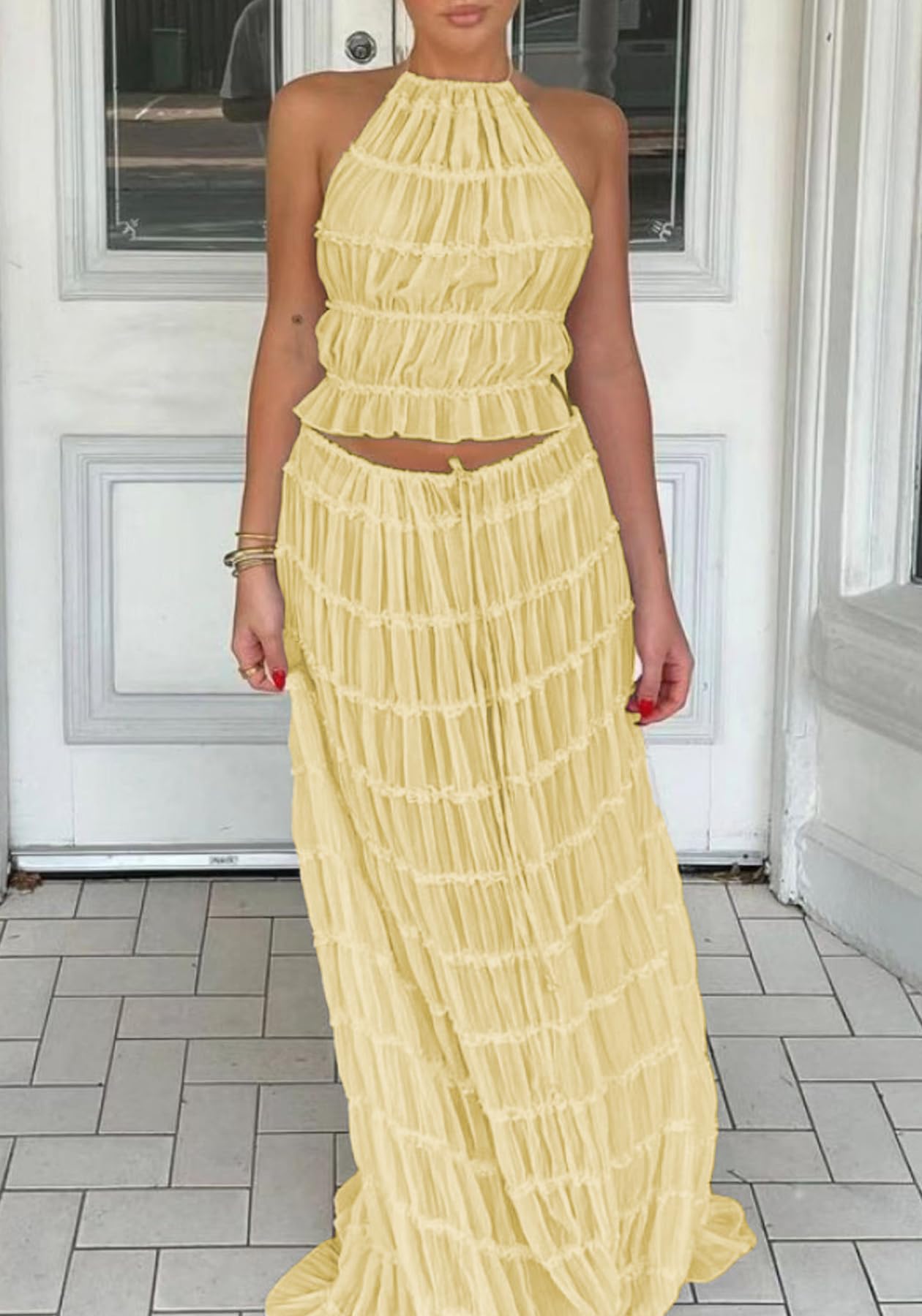 Skirt Sets Women 2 Piece Outfits Backless Halter Top And Pleated Ruffle Flowy Maxi Skirts Y2k Beach Vacation Set