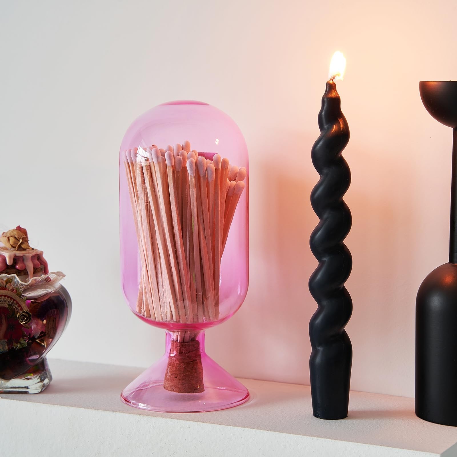 Includes 100 Match Sticks Glass Match Cloche with Striker - with Cork Stopper - 6.7" H X 3"