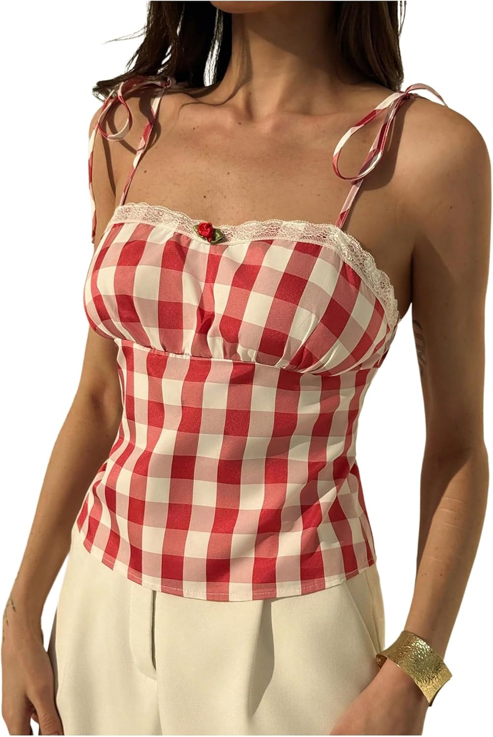Women's Plaid Cami Tops Y2k Lace Trim Tie Shoulder Spaghetti Strap Summer Tops