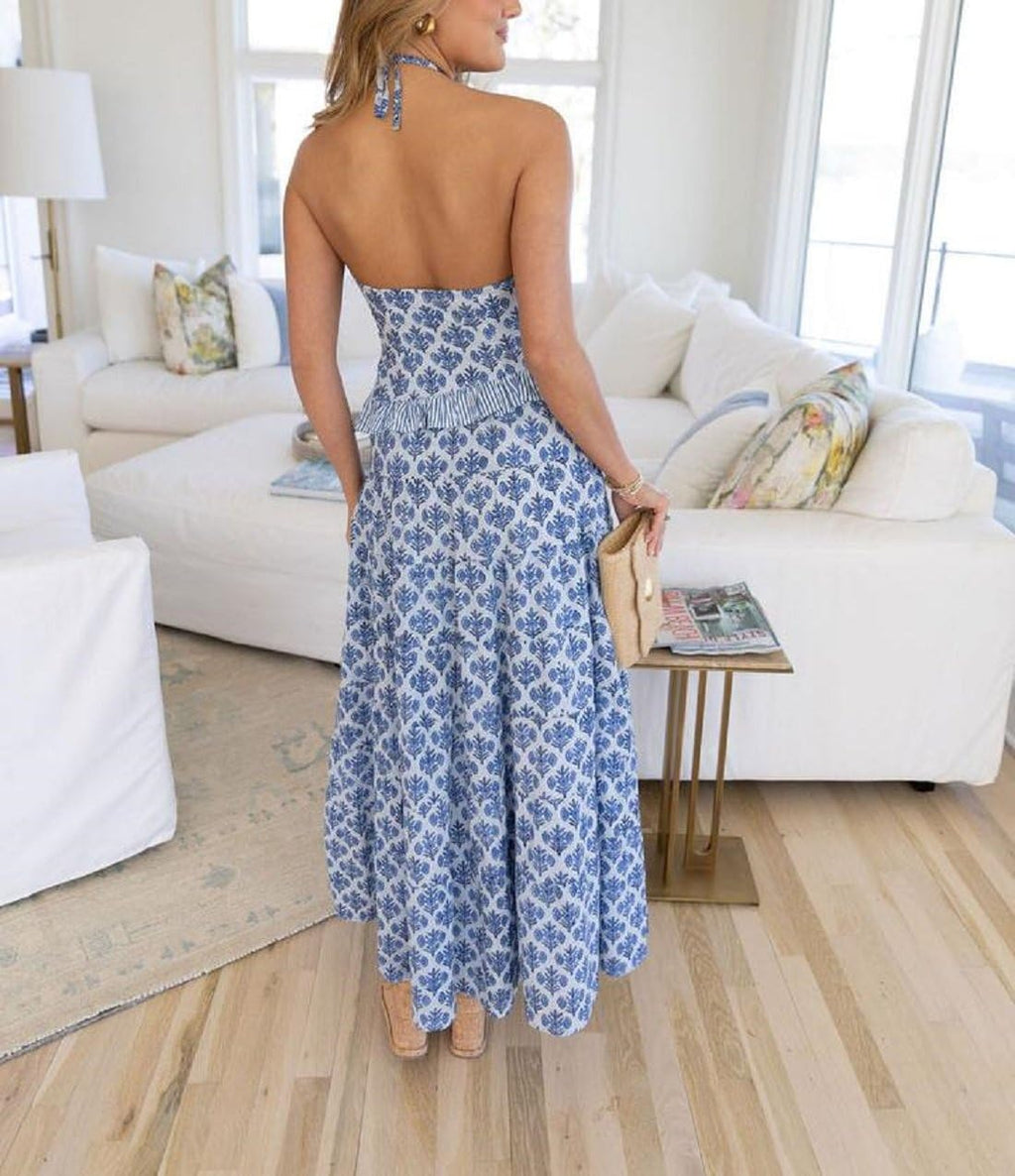 Womens 2 Piece Maxi Skirt Set Y2k Halter Ruched Cami Top Tiered Flowy Ruffle Skirt Outfit