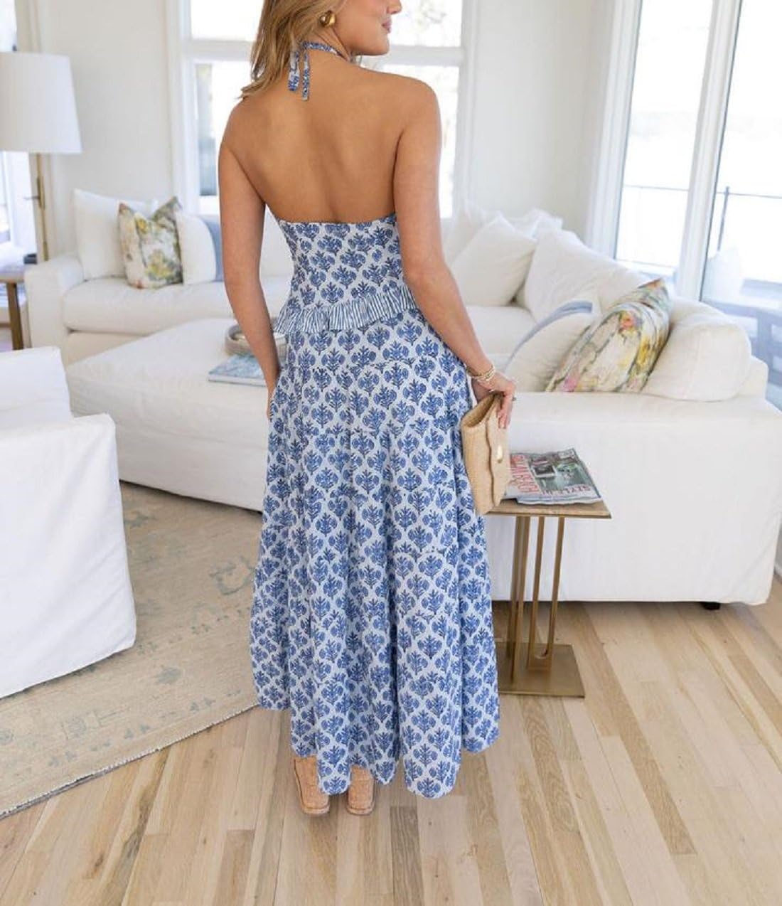 Womens 2 Piece Maxi Skirt Set Y2k Halter Ruched Cami Top Tiered Flowy Ruffle Skirt Outfit