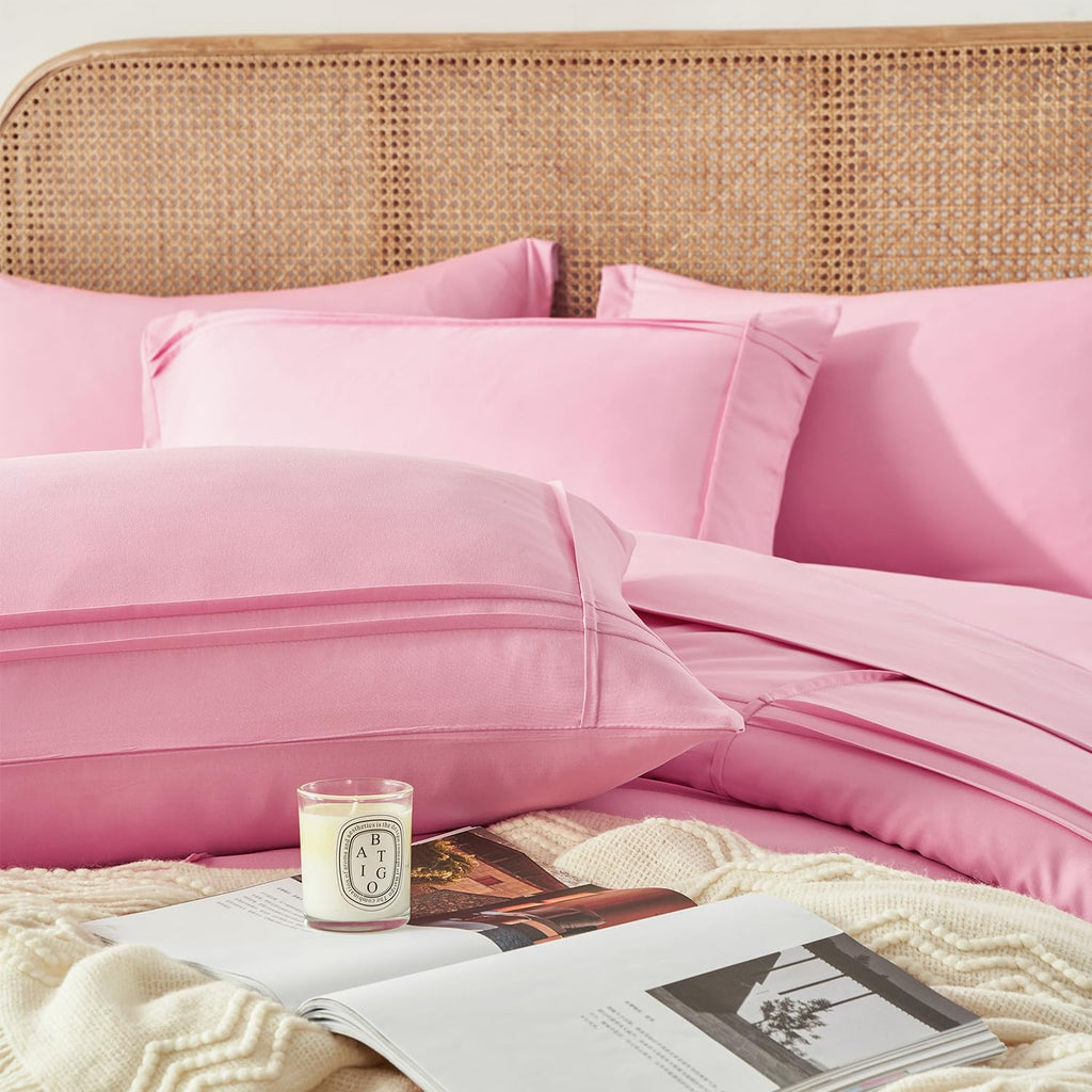 Comforter Set 7 Piece Bed in a Bag, Grid Pinch Pleat Bedding Set, Striped Textured Soft Microfiber Comforter with Sheet Set