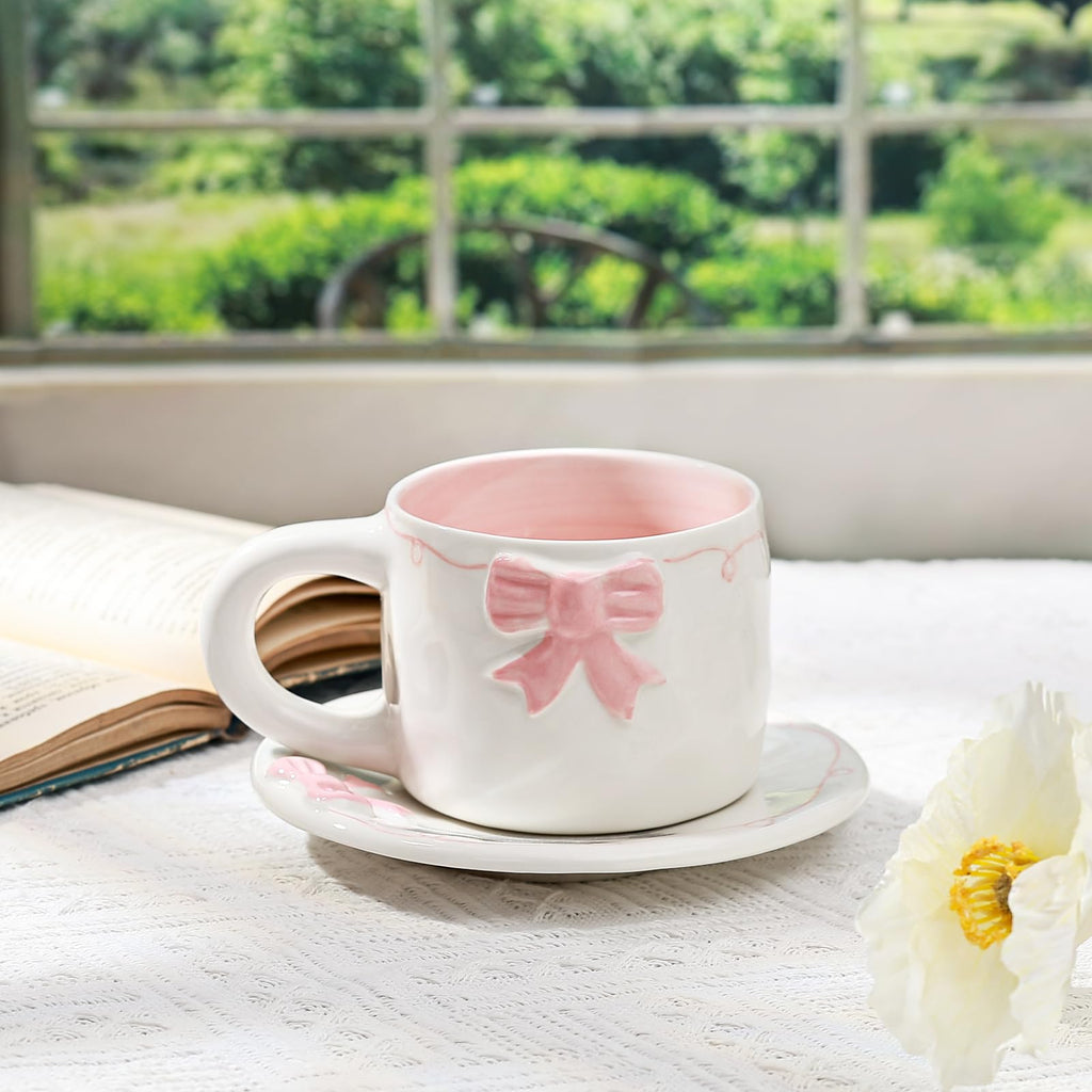 Elegant Bowknot Tea Cup and Saucer Set, Ceramic Tea Mug Set with Butterfly Bow Design, Perfect for Afternoon Tea or Home Décor