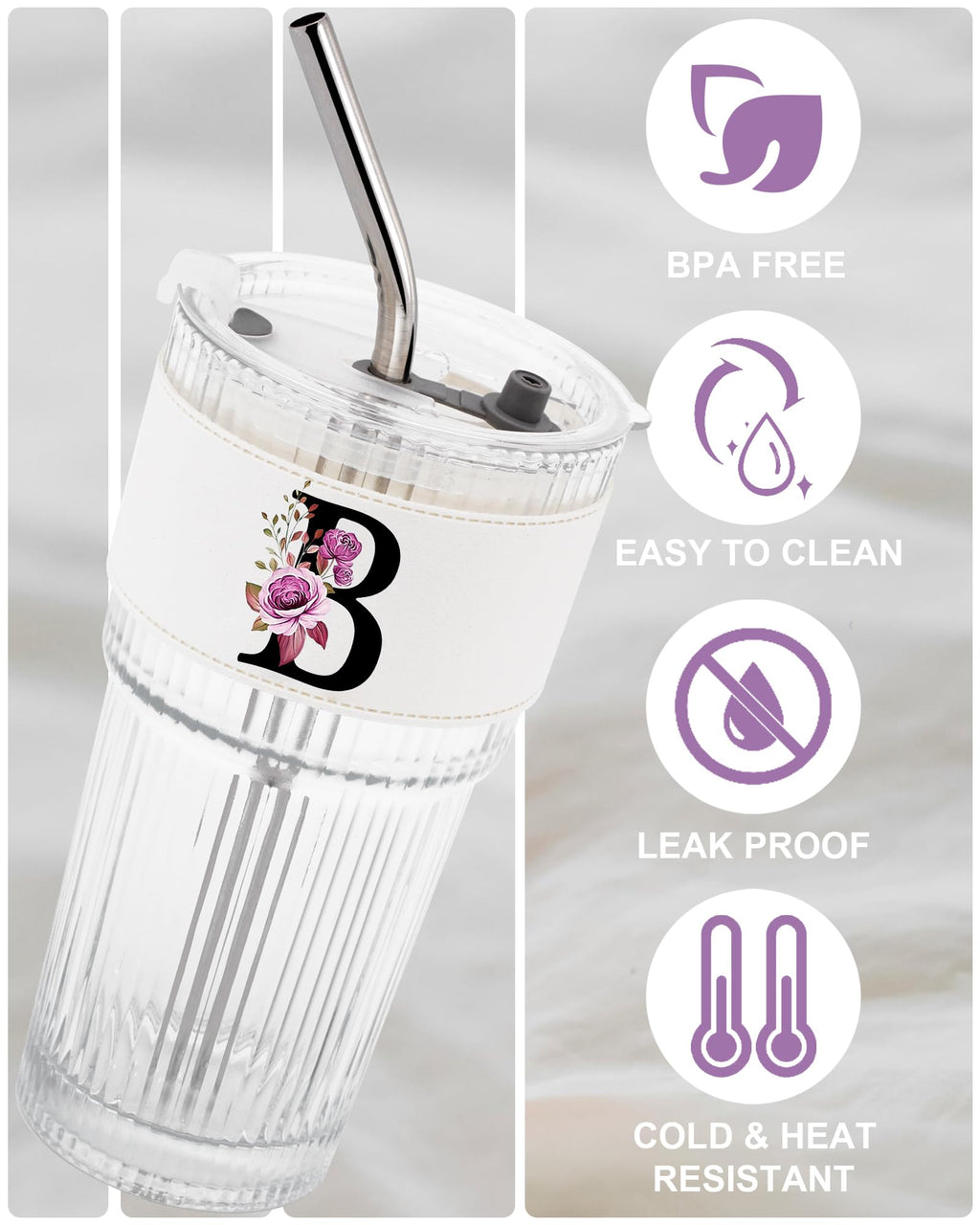 Initial Glass Cup with Lid Straw Ribbed Ice Tea Clear Tumbler Her Sister Coffee Matcha Latte Girlfriend Gf Aunt Best Friend Friendship Bestie Wife Cute Asthetic Unique Birthday Personalized Gift K