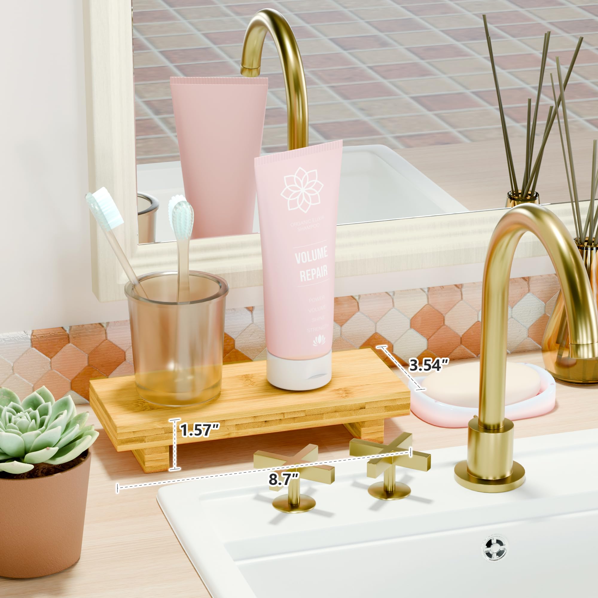 Tray Decor Bamboo Pedestal Stand Risers for Display Decorative, Sink Tray for Kitchen Decor and Accessories, Soap Dish Holder Kitchen Counter Tray 8.7" x 3.5" x 1.6"