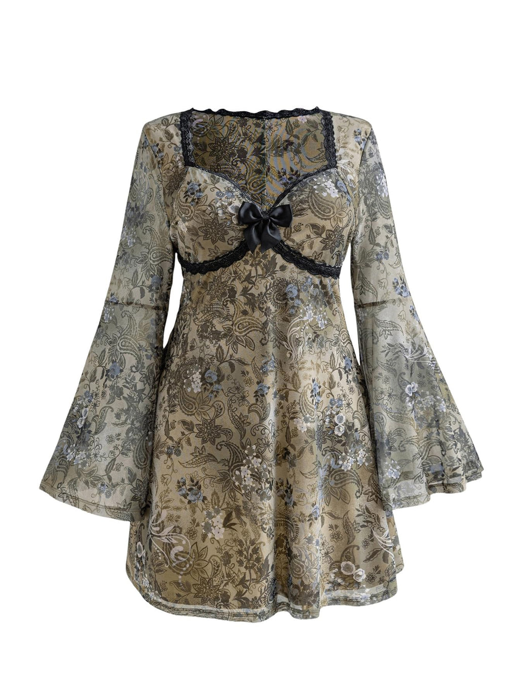 Women's Plus Size Lace Leopard Print Bell Sleeve Bow Front Dress Mini