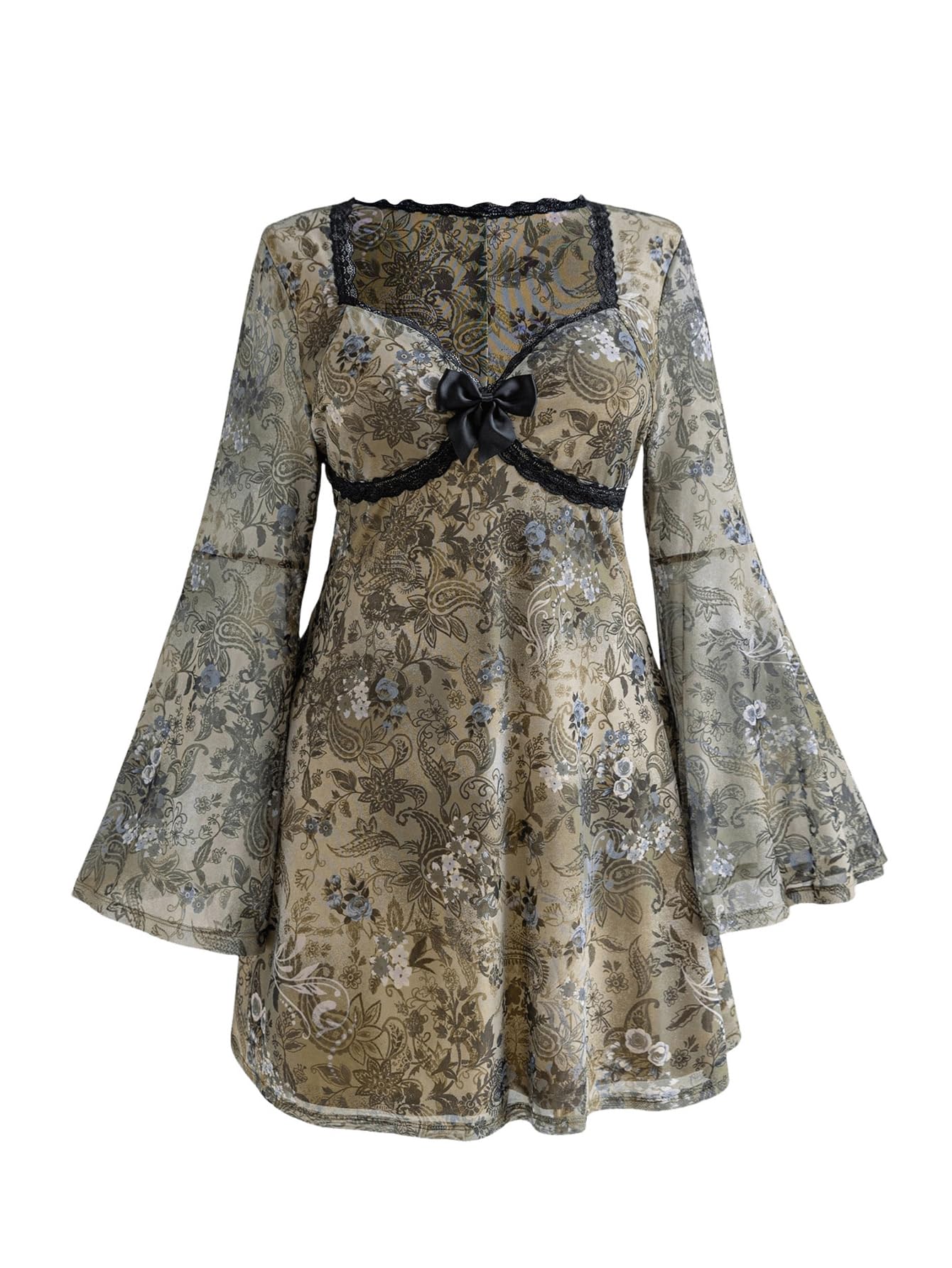 Women's Plus Size Lace Leopard Print Bell Sleeve Bow Front Dress Mini