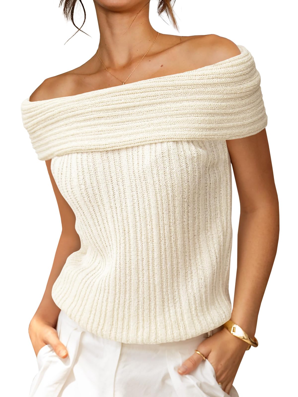 Womens Off The Shoulder Sweater Tops Summer Sleeveless Strapless Ribbed Sexy Pullover Shirts