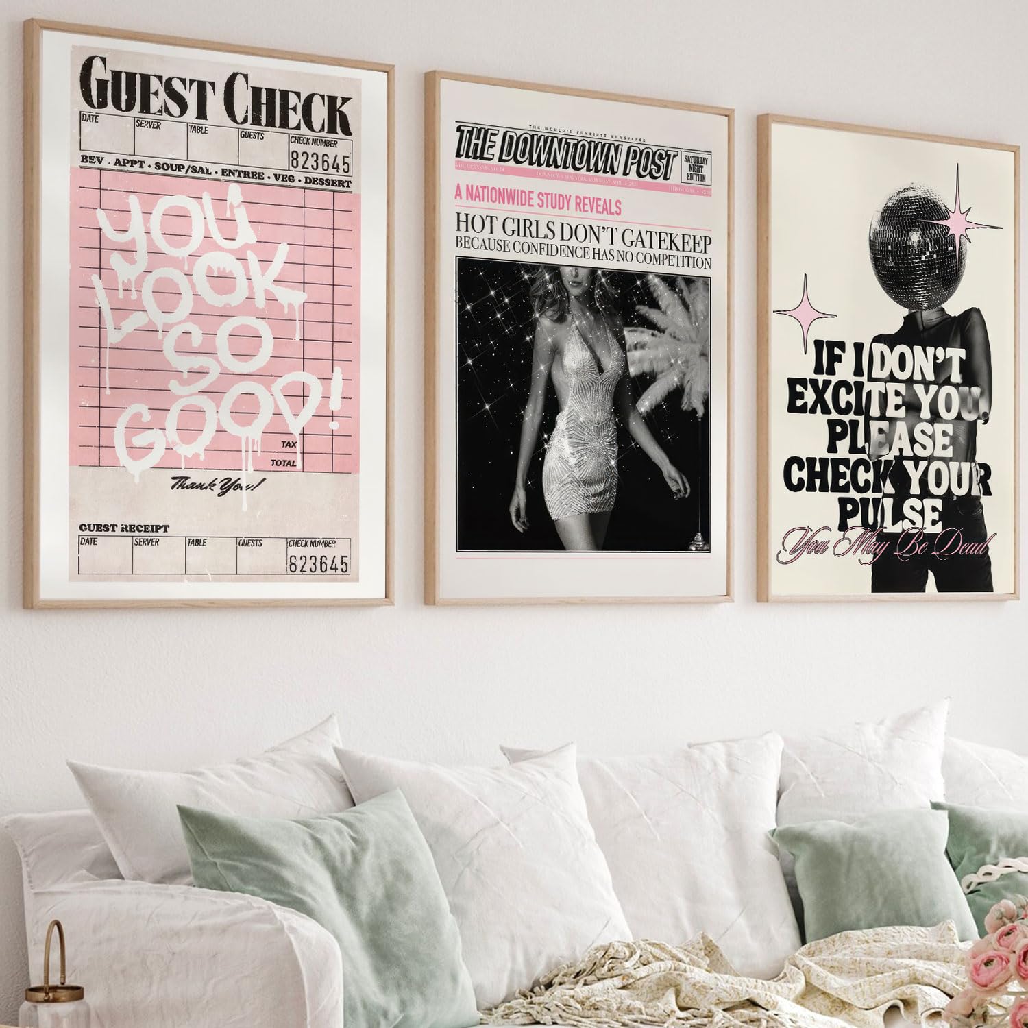 Vintage Pink Canvas Wall Art Set of 3 Funky Hot Girl Pictures Wall Decor