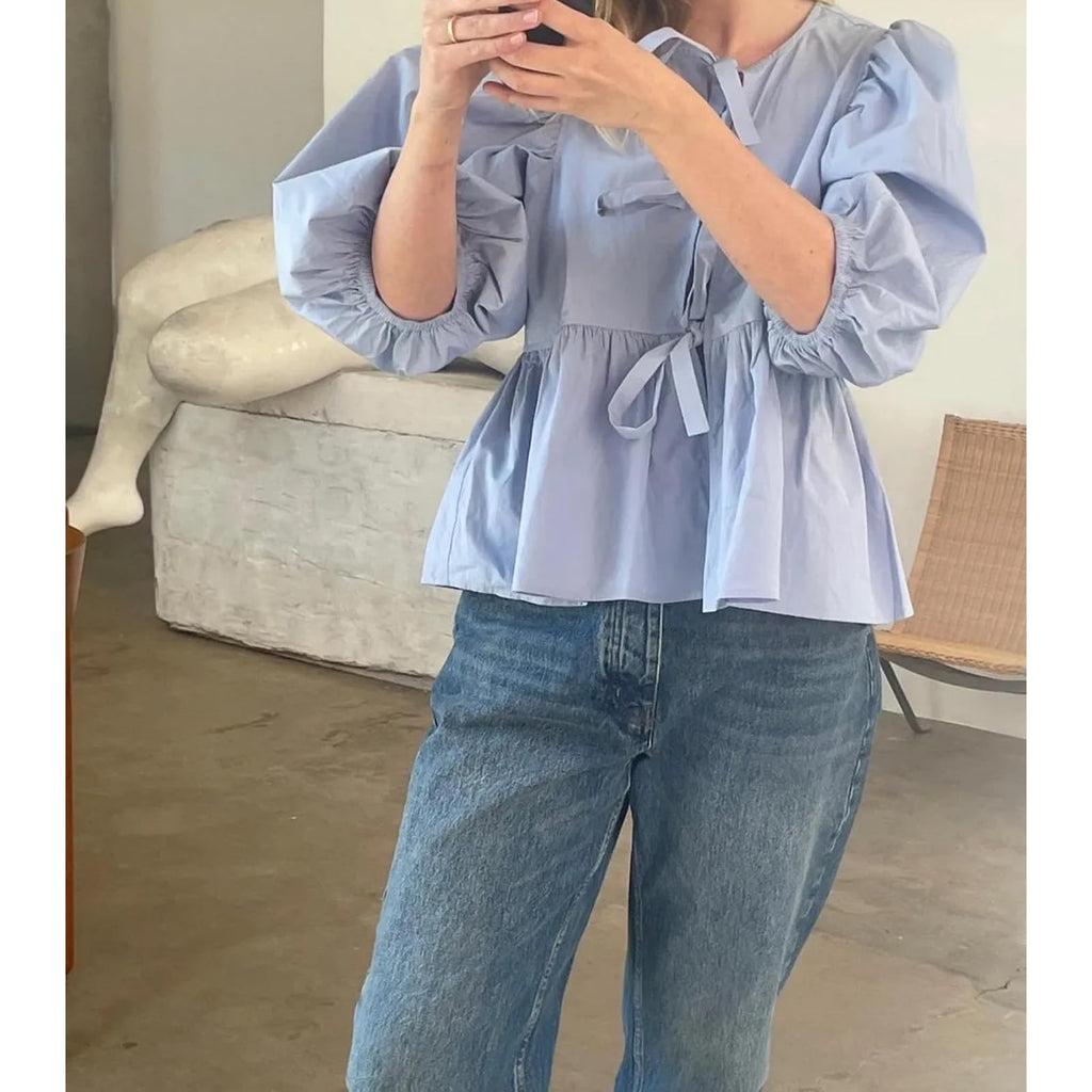 Tie Front Tops Womens Y2k Print Peplum Babydoll Top 3/4 Length Puff Sleeve Coquette Cute Going Out Tops