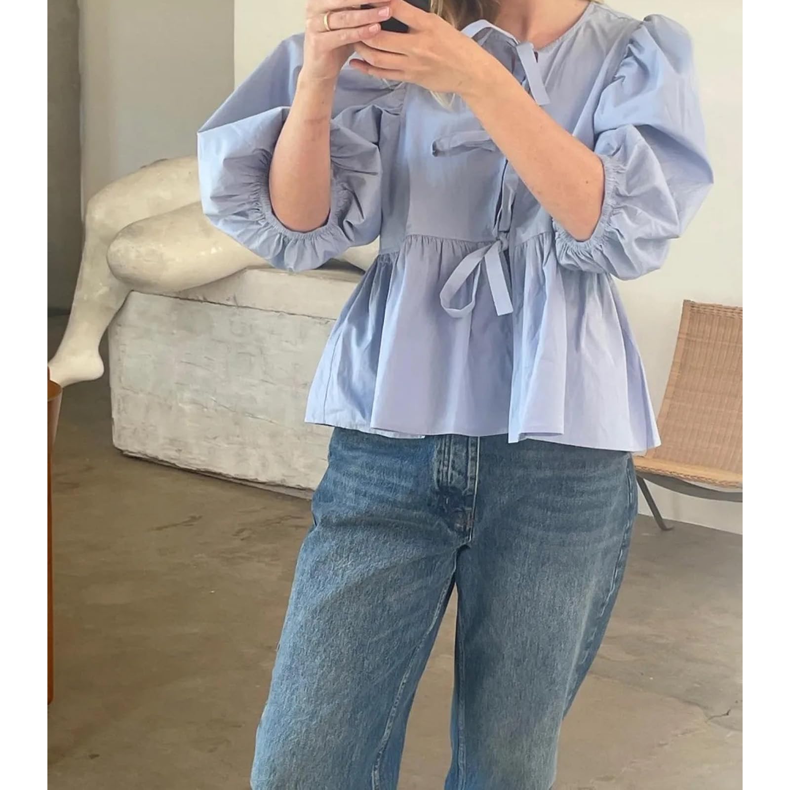 Tie Front Tops Womens Y2k Print Peplum Babydoll Top 3/4 Length Puff Sleeve Coquette Cute Going Out Tops