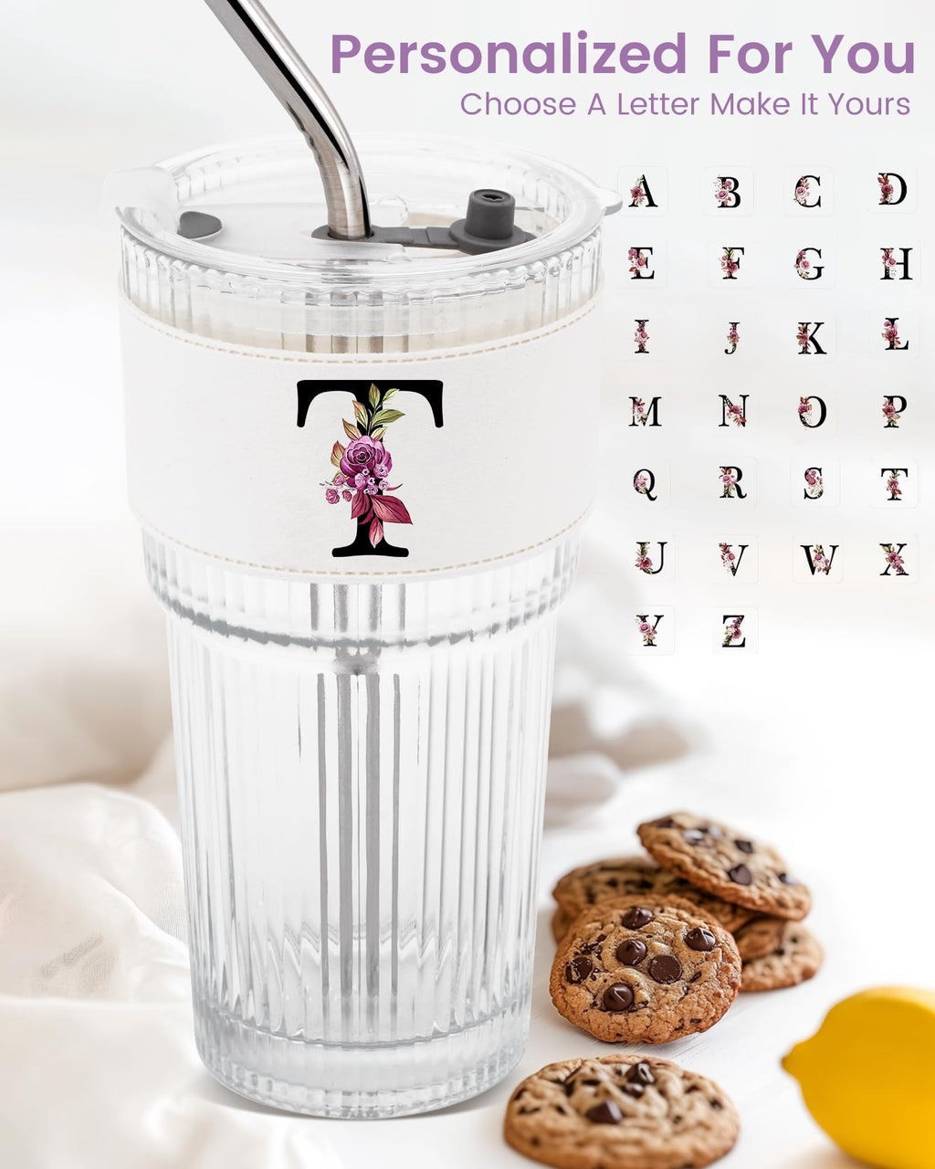 Initial Glass Cup with Lid Straw Ribbed Ice Tea Clear Tumbler Her Sister Coffee Matcha Latte Girlfriend Gf Aunt Best Friend Friendship Bestie Wife Cute Asthetic Unique Birthday Personalized Gift K