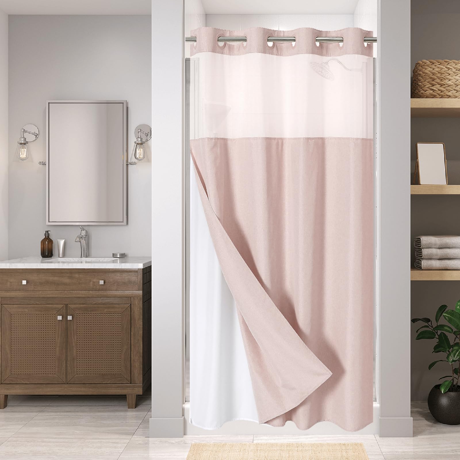 No Hooks Needed Linen Textured Shower Curtain with Snap-in Fabric Liner Set, Luxury Decor Shower Curtains for Bathroom with Mesh Top Window, Waterproof & Washable