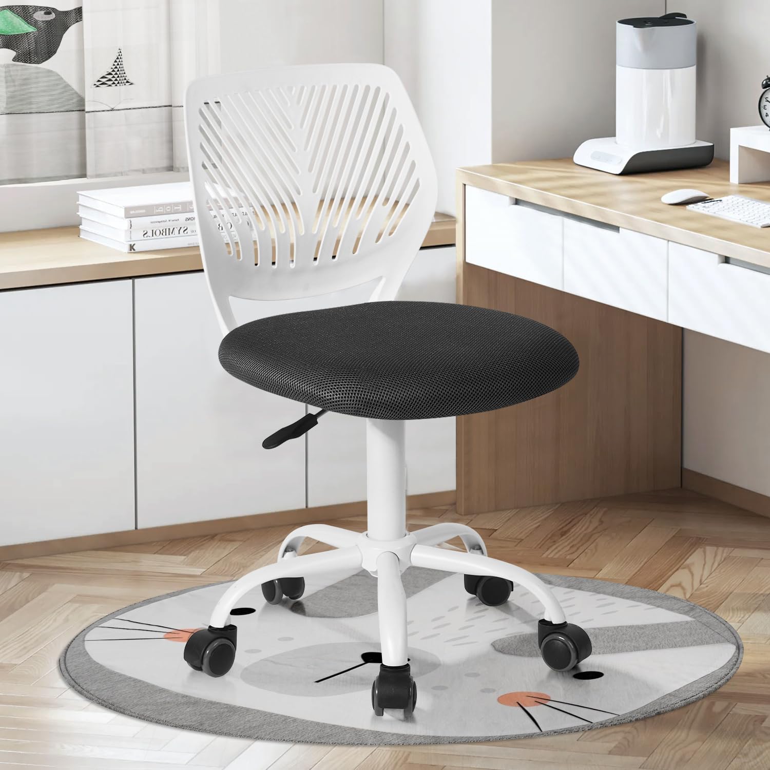 Study Desk Chair Armless Cute, Ergonomic Small Swivel Adjustable Rolling Lightweight Task Chair with Wheels and Mesh Padded Cushion